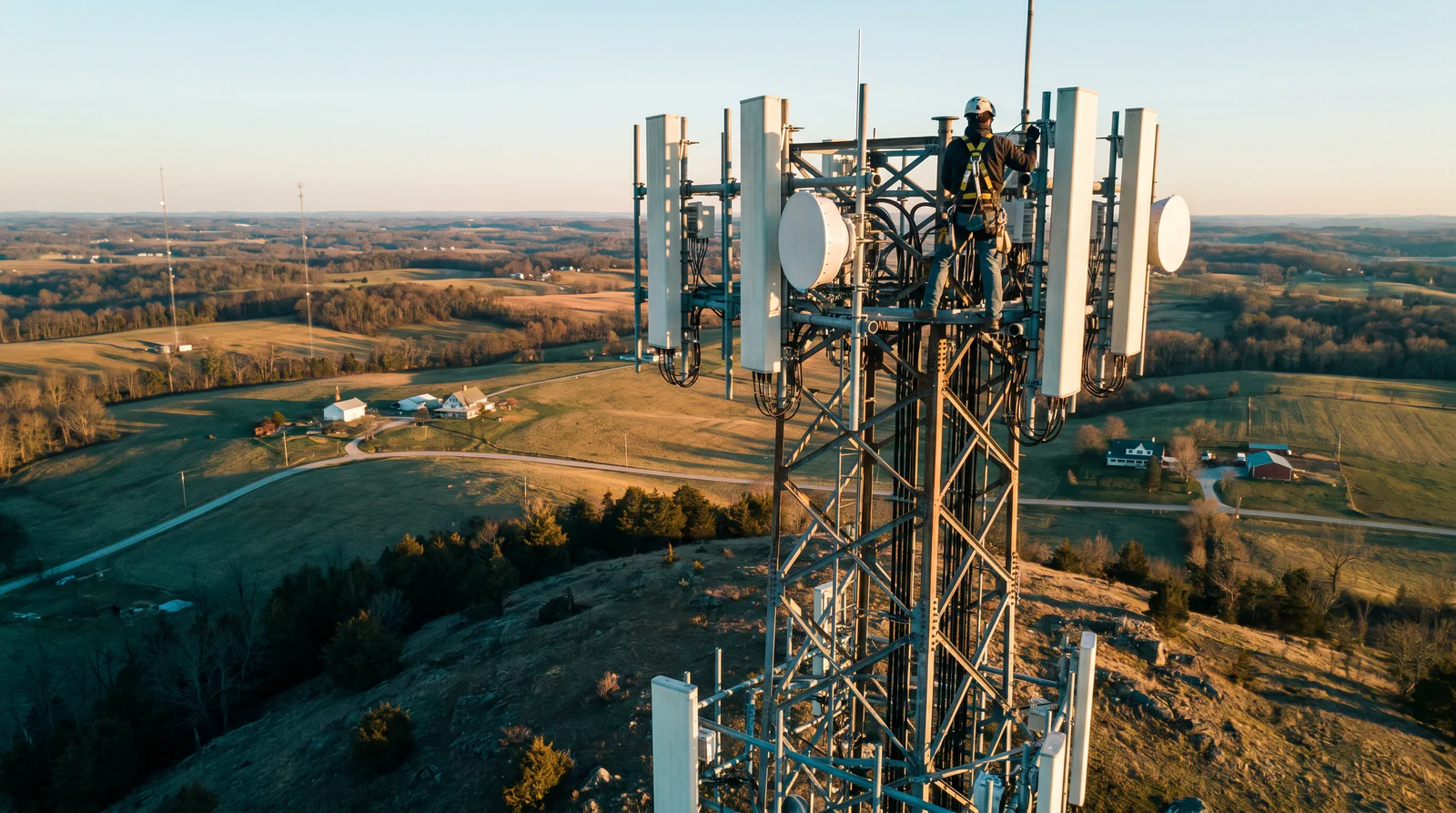 Vertical Axis crew installing sector antennas and backhaul on a WISP tower