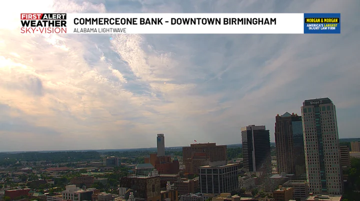 Alabama Lightwave WBRC First Alert Sky-Vision weather camera view of downtown Birmingham from the CommerceOne Bank rooftop at the John Hand Building