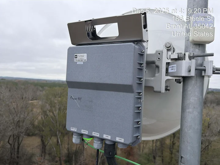 WISP-class microwave backhaul dish with radio mounted at the feed, dressed jumpers and a green bonding conductor running to the tower pipe, rural tree line visible below