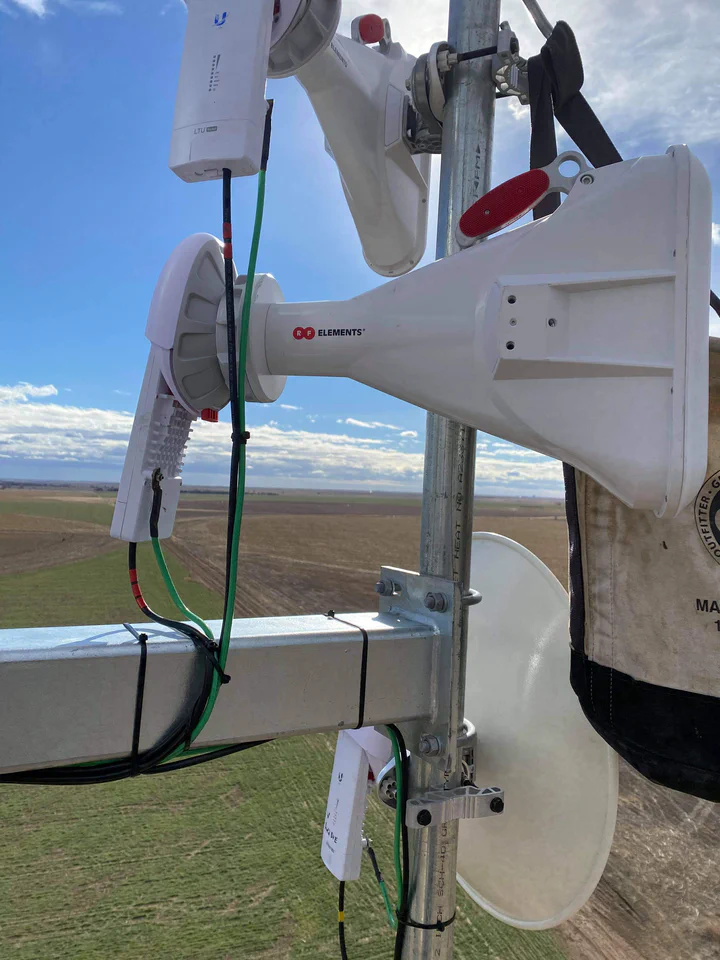 Tight tower-top install: an RF Elements horn and a Ubiquiti backhaul paired on a single mount pipe with dressed jumpers, green bonding conductors, and a climber's tool pouch hanging off the bracket