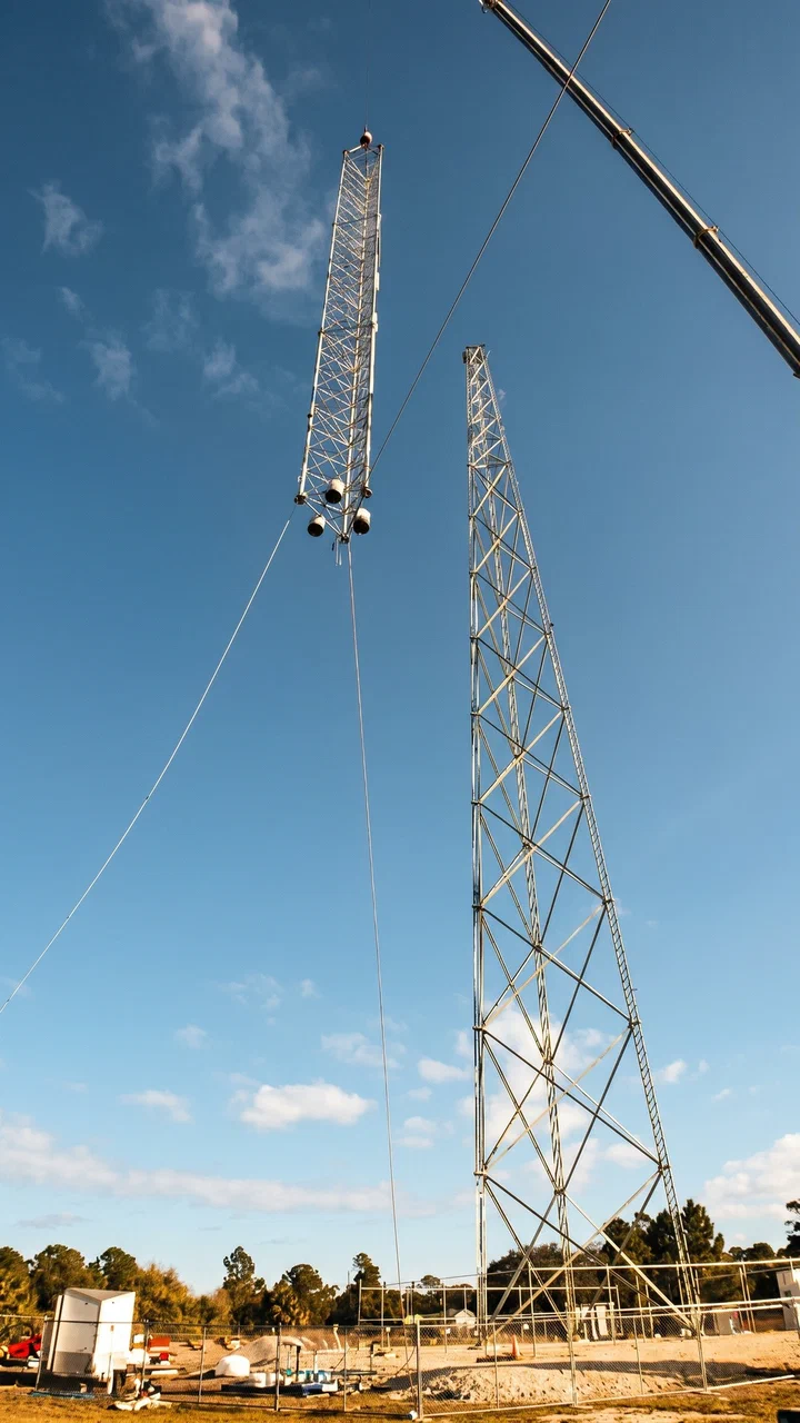 Crew rigging a tower section onto a flatbed for haul-out after decommissioning