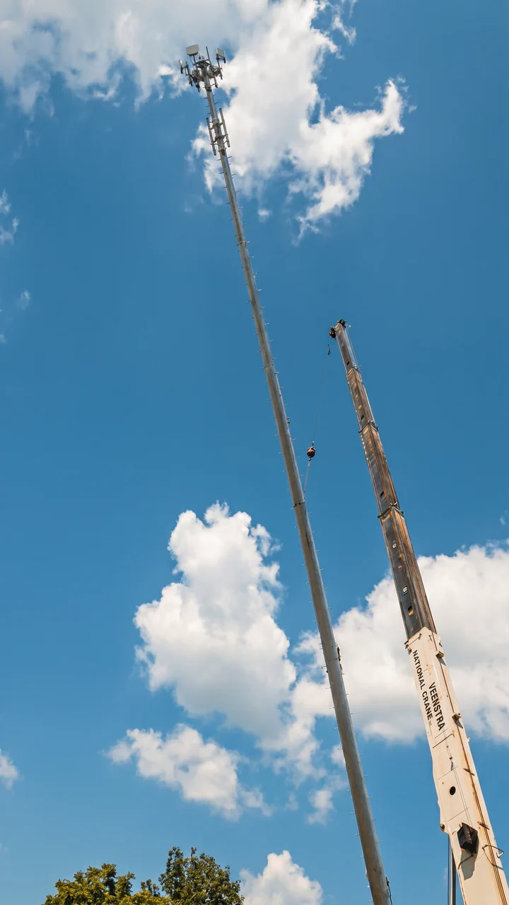 Crane flying a replacement antenna onto a live broadcast tower during a modification