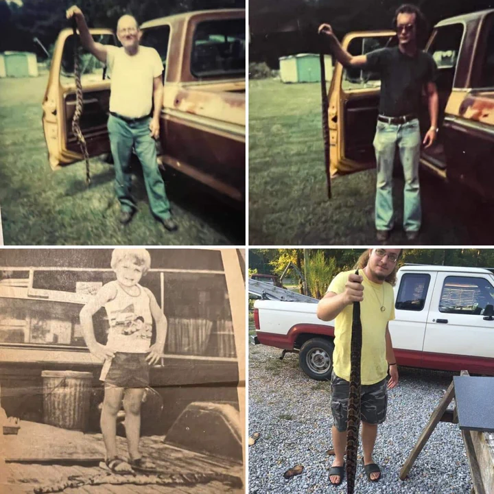Waldrop family tradition: grandfather Pawpaw James, father Daniel Waldrop, brother Glen Waldrop, and teenage Tommy Waldrop posing with snakes beside old trucks in the Pennington, Alabama yard.